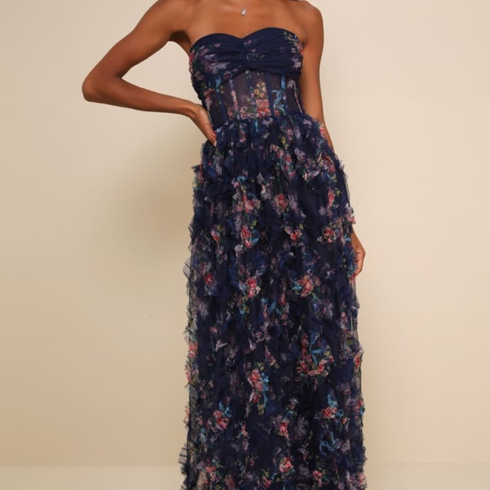 Lulu's Navy Floral Strapless Dress